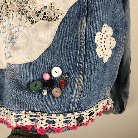 Embellished Blue Jean Jacket Crochet Patchwork - Picture 14 of 14